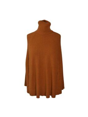 Ribbed Knit Turtleneck Poncho Sweater In Rust Brown XS/S Rayon Blend